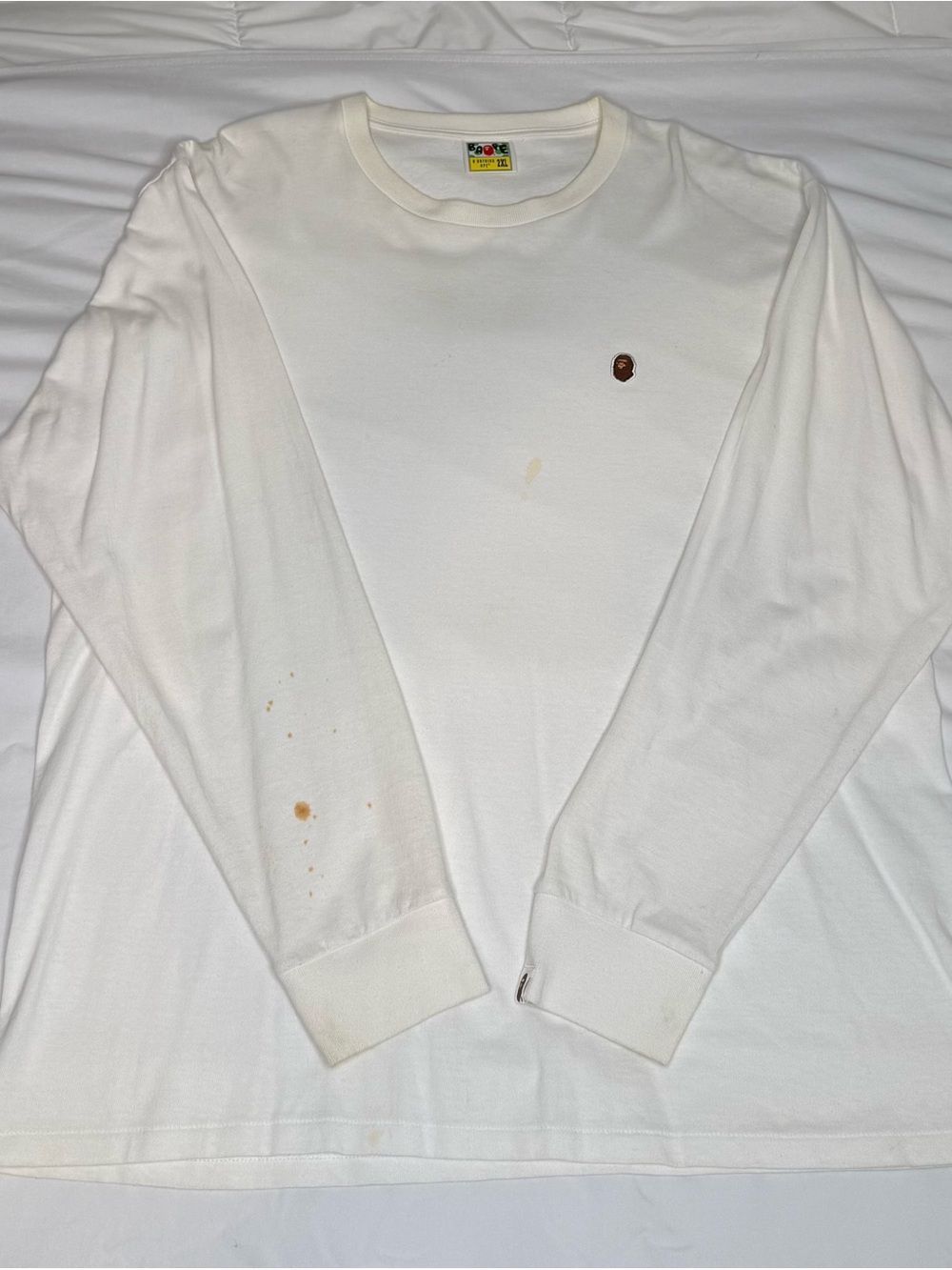 Bape White Long Sleeve Tee with Small Ape Head Logo